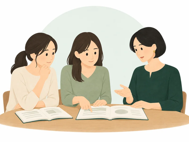 教材を囲み、受講者と一緒に考える講師のイラスト