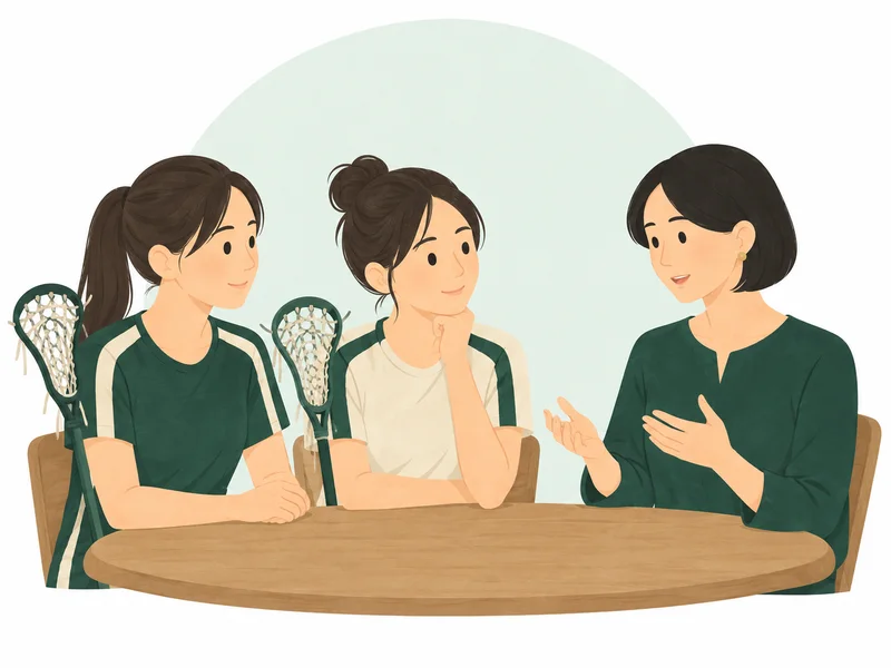 ラクロス選手と対話する講師のイラスト